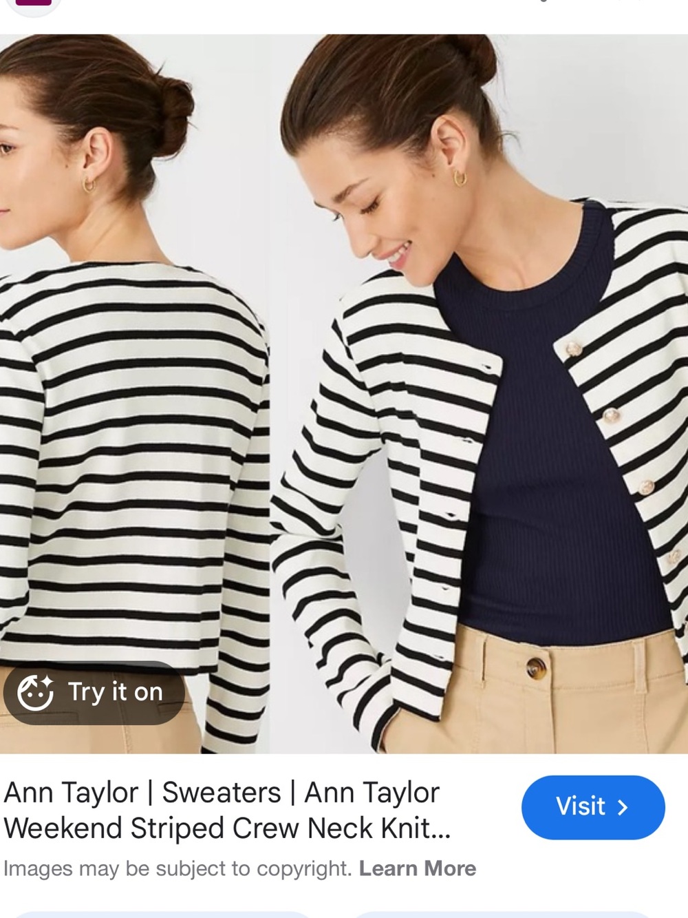 Ann Taylor Black and White Striped Crew Cardigan - Picture 1 of 5